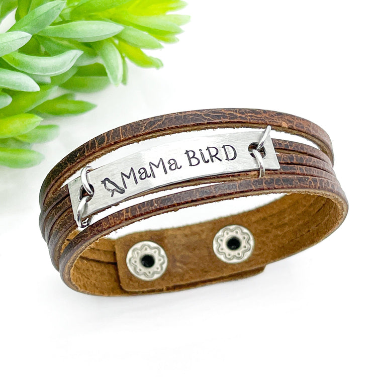 Natural Brown | MAMA BIRD | Mini Leather Wrap Bracelet | Women | Adjustable Leather Wrap Create Hope Cuffs