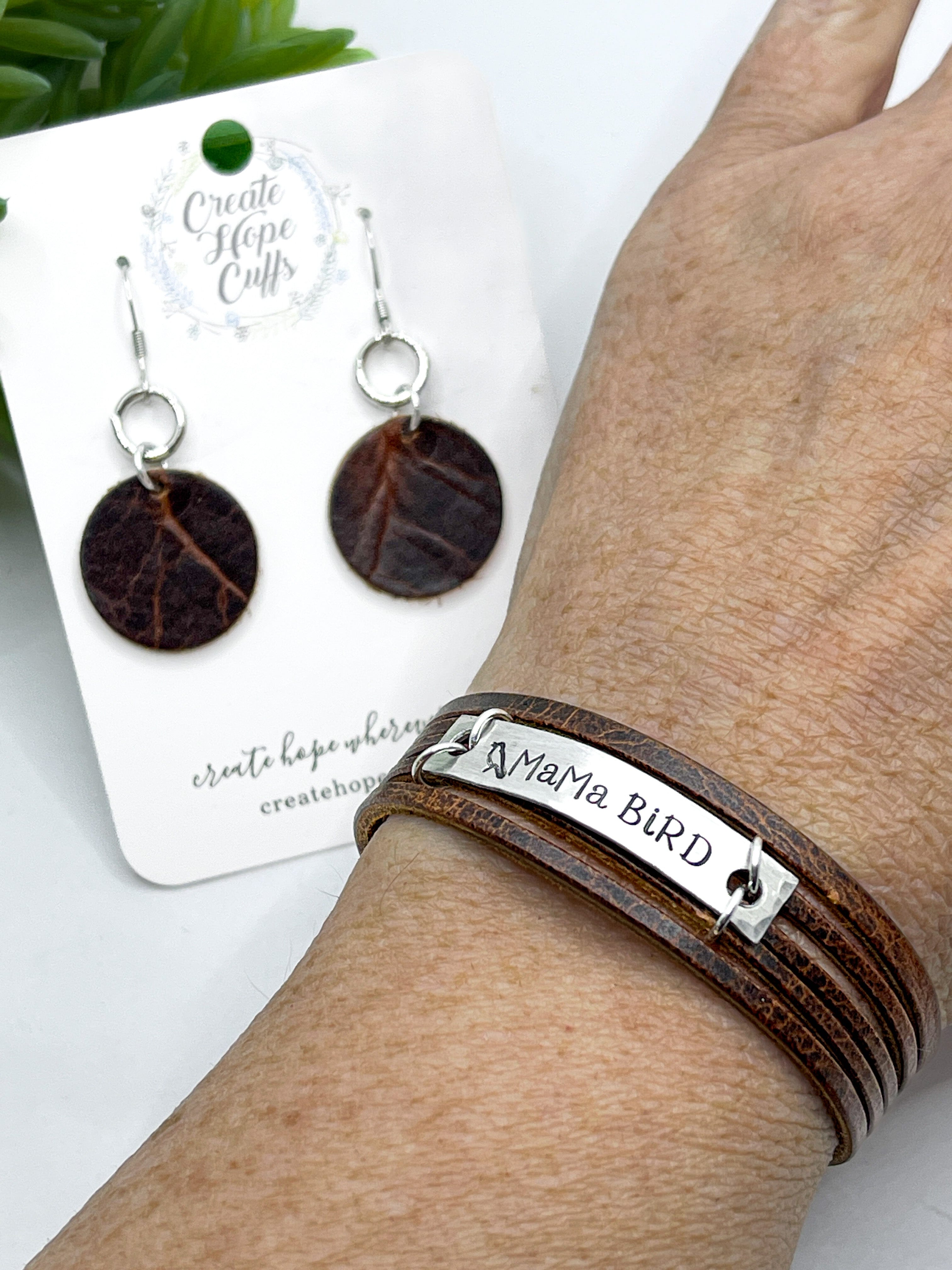 Natural Brown | MAMA BIRD | Mini Leather Wrap Bracelet | Women | Adjustable Leather Wrap Create Hope Cuffs 