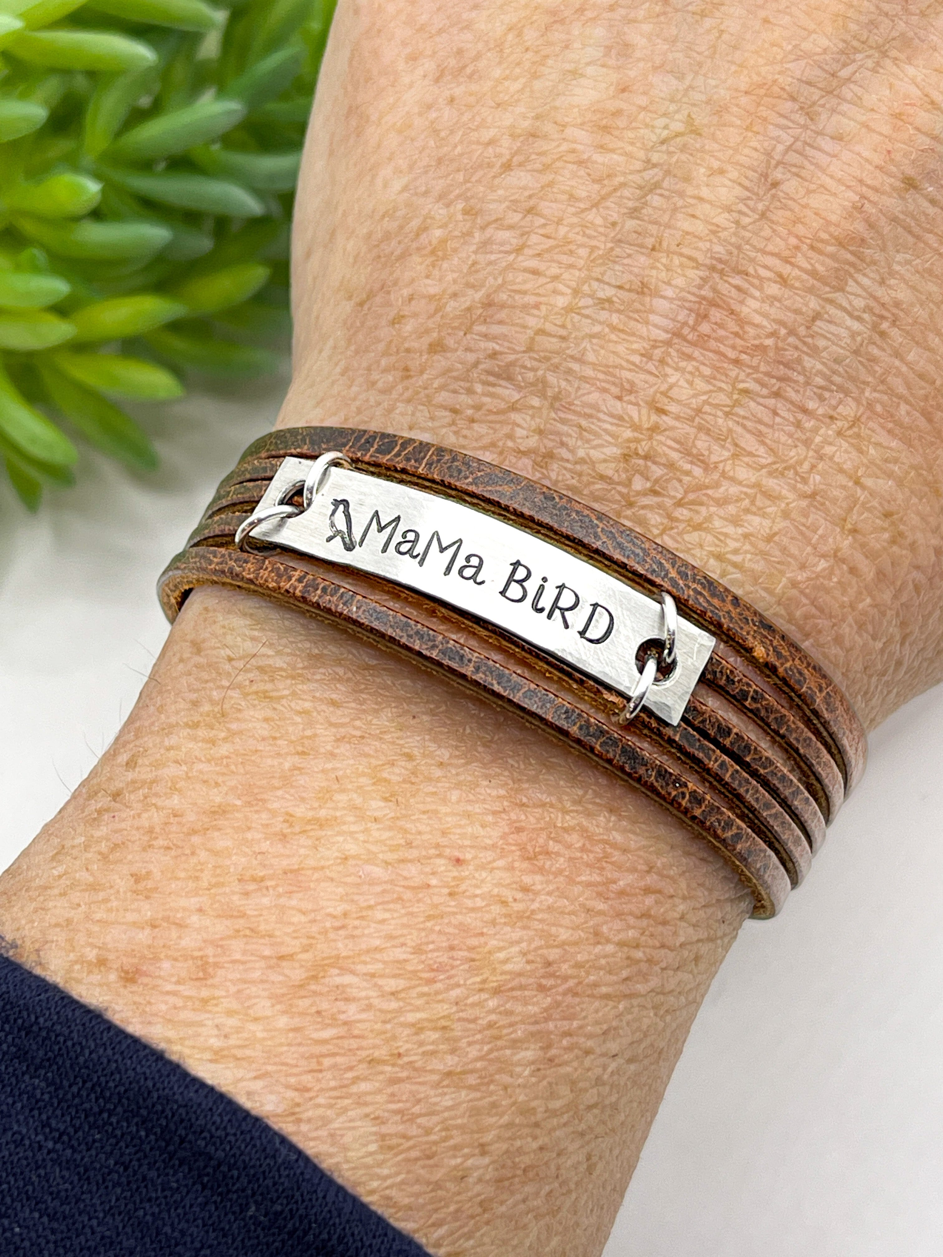Natural Brown | MAMA BIRD | Mini Leather Wrap Bracelet | Women | Adjustable Leather Wrap Create Hope Cuffs