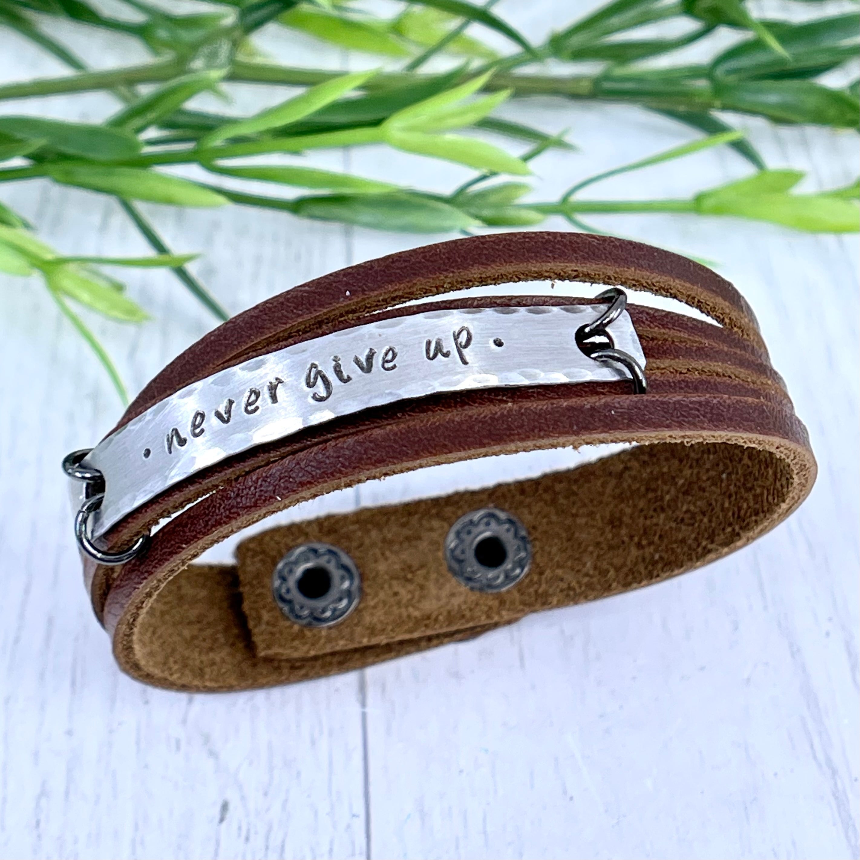 Natural Brown NEVER GIVE UP Mini Leather Wrap Bracelet | Women Teens | Adjustable Leather Wrap Create Hope Cuffs
