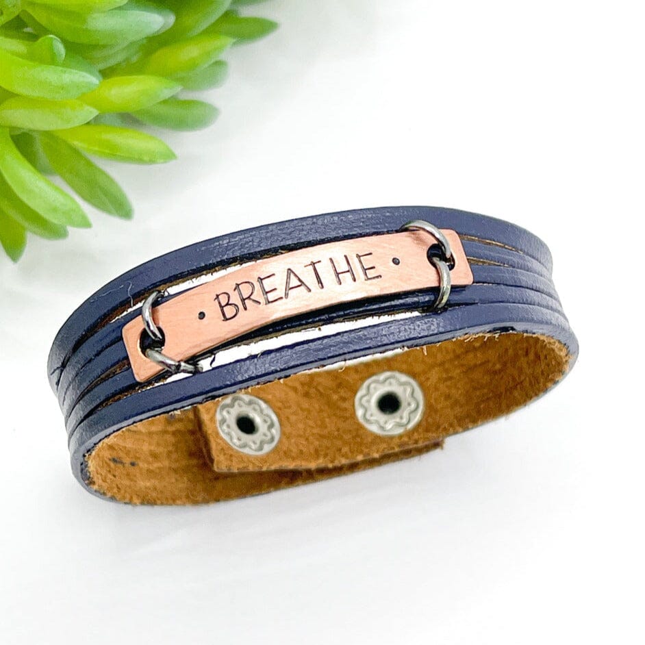 Navy Blue | BREATHE | Copper Metal | Mini Leather Wrap Bracelet | Women | Adjustable Leather Wrap Create Hope Cuffs