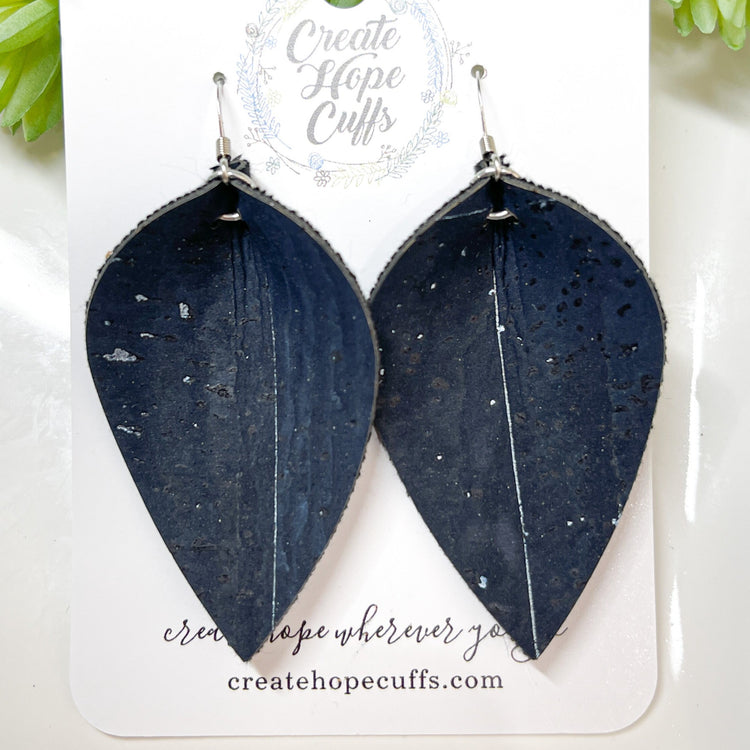 Navy Silver Fleck CORK Earrings, Vegan, Eco-Friendly Cork Earrings Create Hope Cuffs