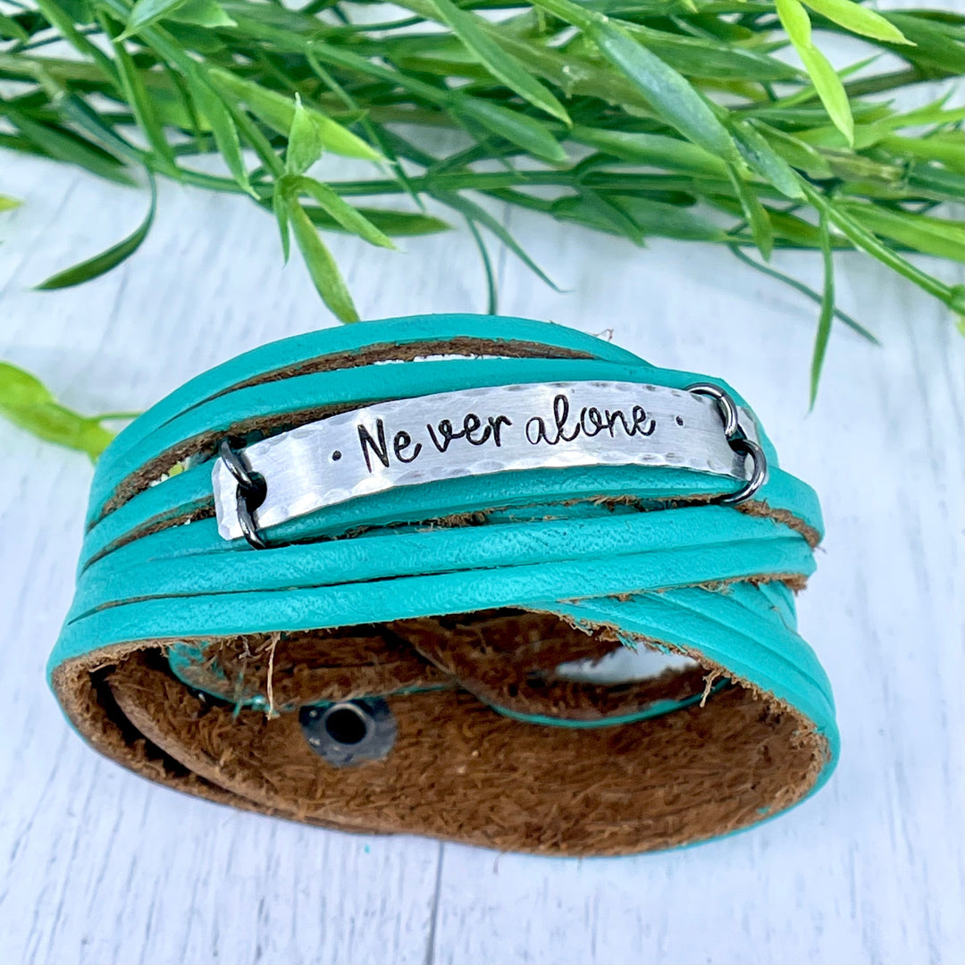 NEVER ALONE Teal Shredded Leather Double Wraps Bracelet, adjustable Leather Wrap Create Hope Cuffs