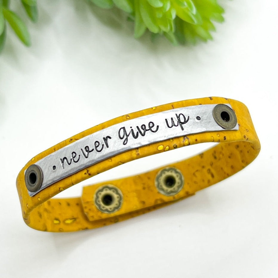 NEVER GIVE UP | Mustard Cork | Skinny Bracelet | Adjustable Skinny Bracelets Create Hope Cuffs 