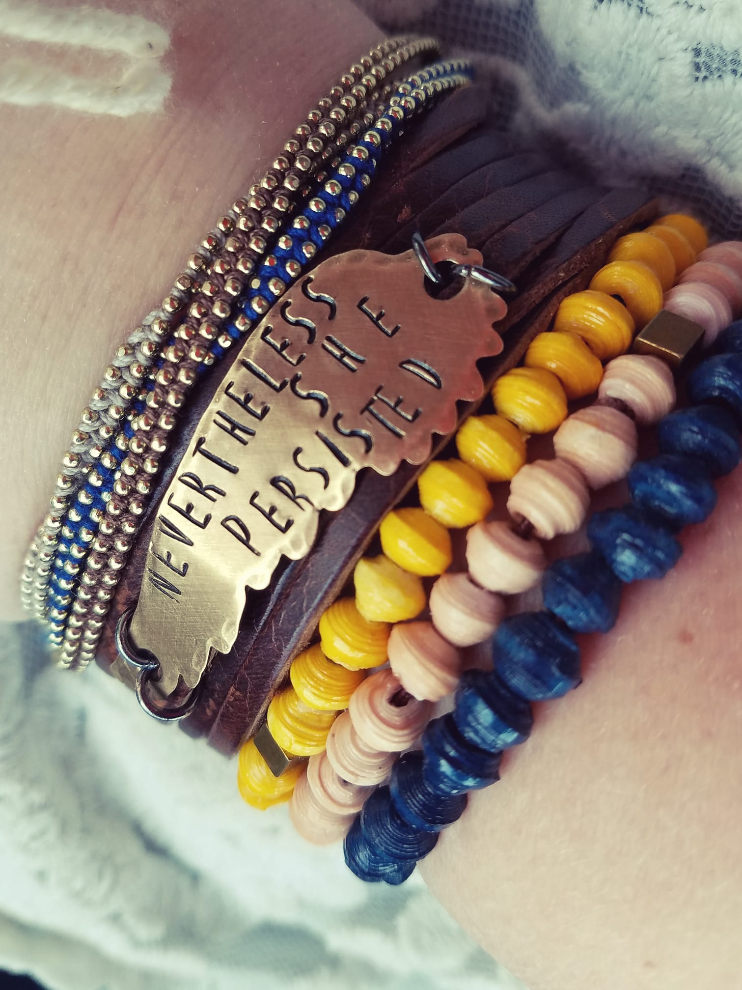 Nevertheless She Persisted Brown Leather & Angel Wing Wrap Bracelet, adjustable Leather Wrap Create Hope Cuffs