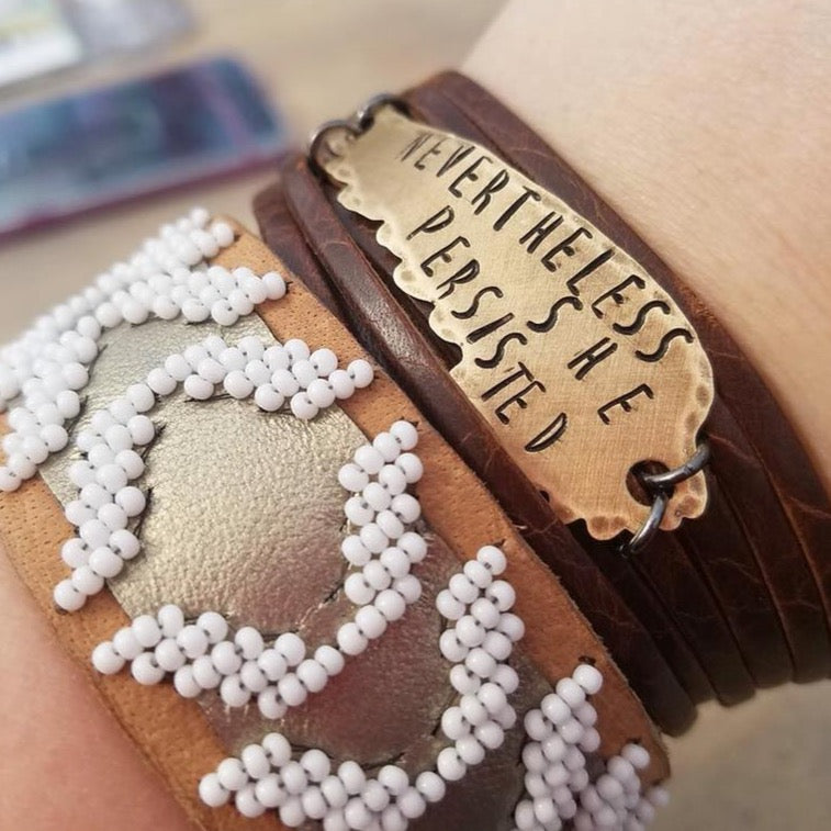 Nevertheless She Persisted Brown Leather & Angel Wing Wrap Bracelet, adjustable Leather Wrap Create Hope Cuffs
