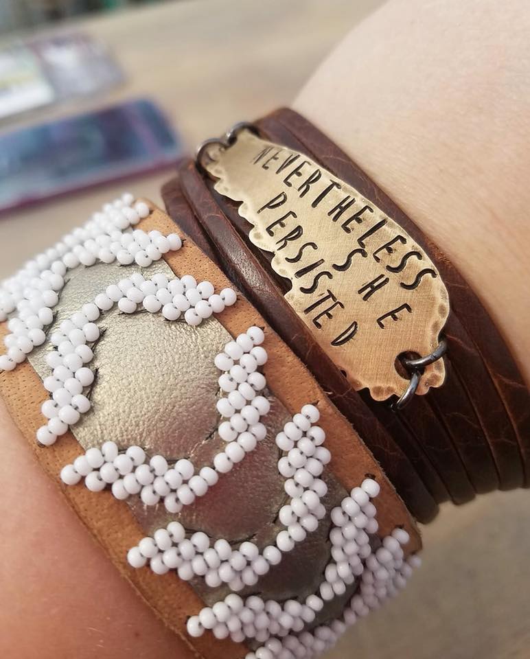 Nevertheless She Persisted Brown Leather & Angel Wing Wrap Bracelet, adjustable Leather Wrap Create Hope Cuffs