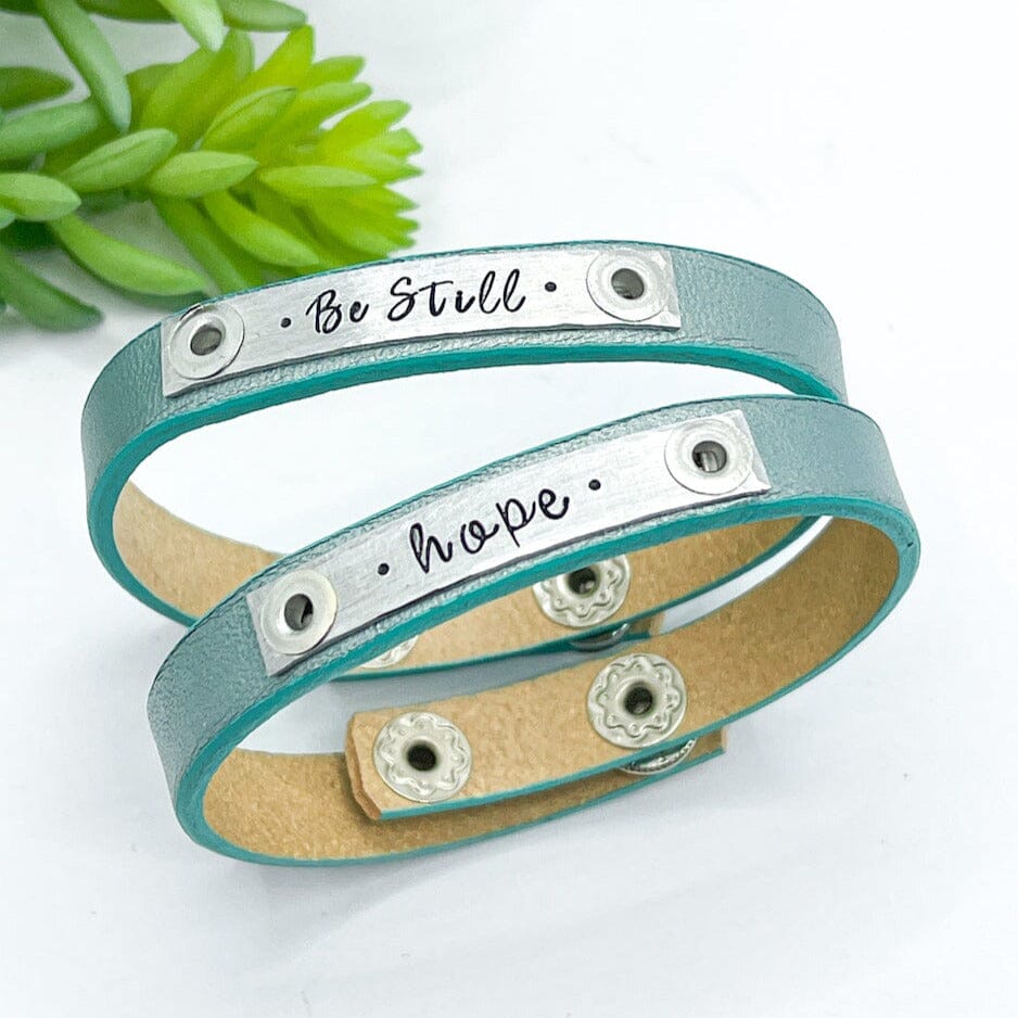NEW! Brushed Silver Teal Edging | 4 PHRASE OPTIONS | Skinny Leather Bracelets | Womens | June Skinny Bracelets Create Hope Cuffs