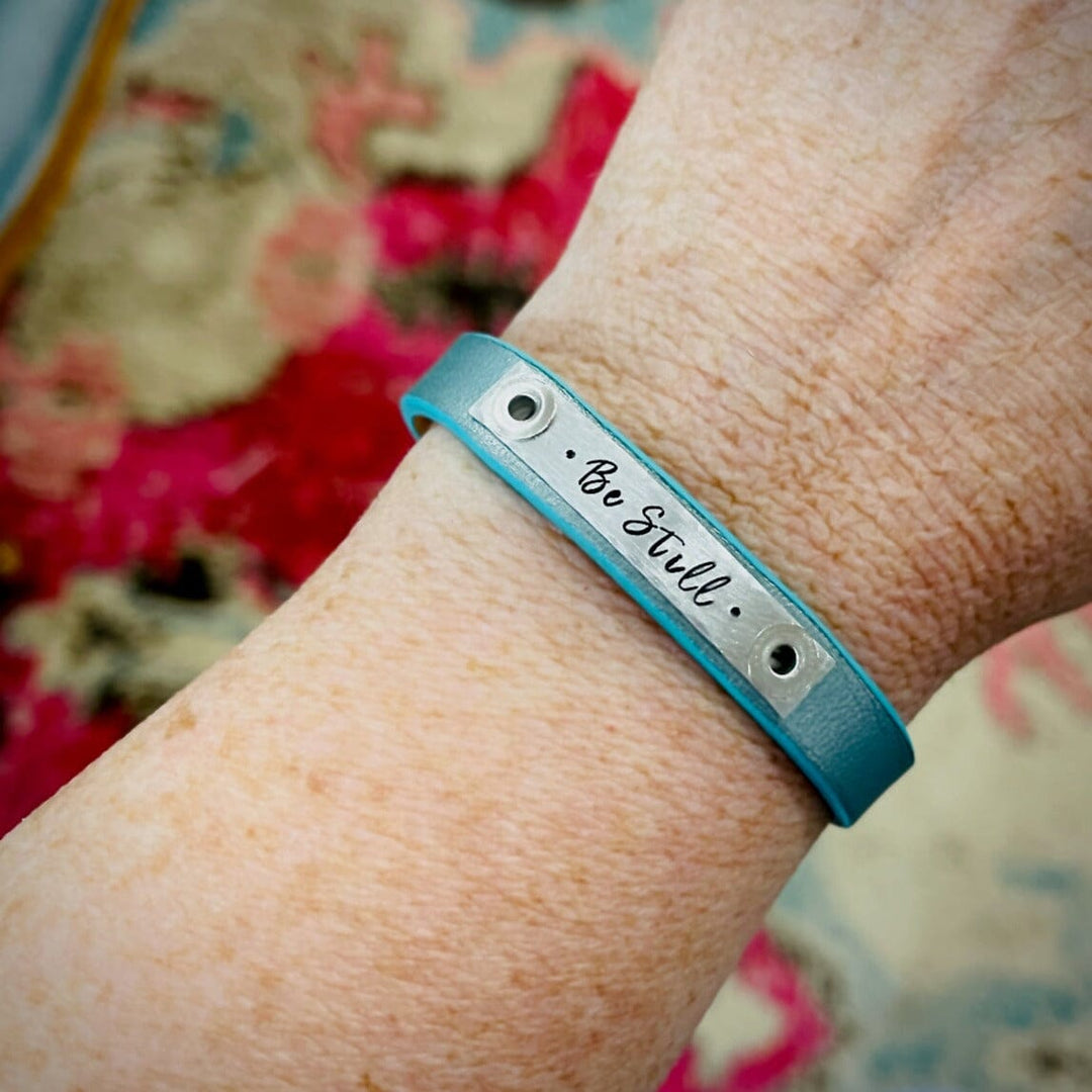 NEW! Brushed Silver Teal Edging | 4 PHRASE OPTIONS | Skinny Leather Bracelets | Womens | June Skinny Bracelets Create Hope Cuffs