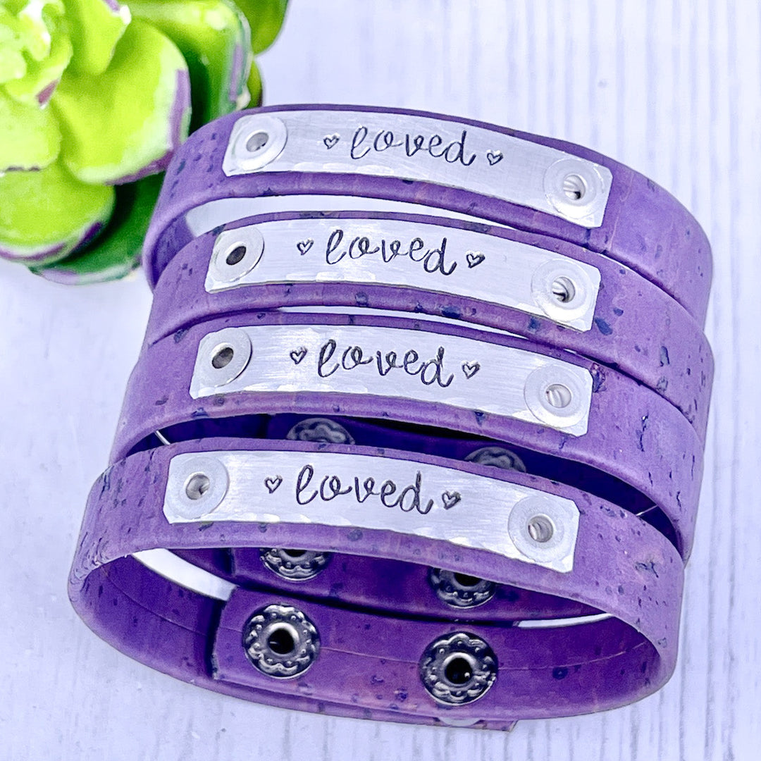 New Cork Purple LOVED Skinny Bracelet | Womens Teens | Adjustable Skinny Bracelets Create Hope Cuffs