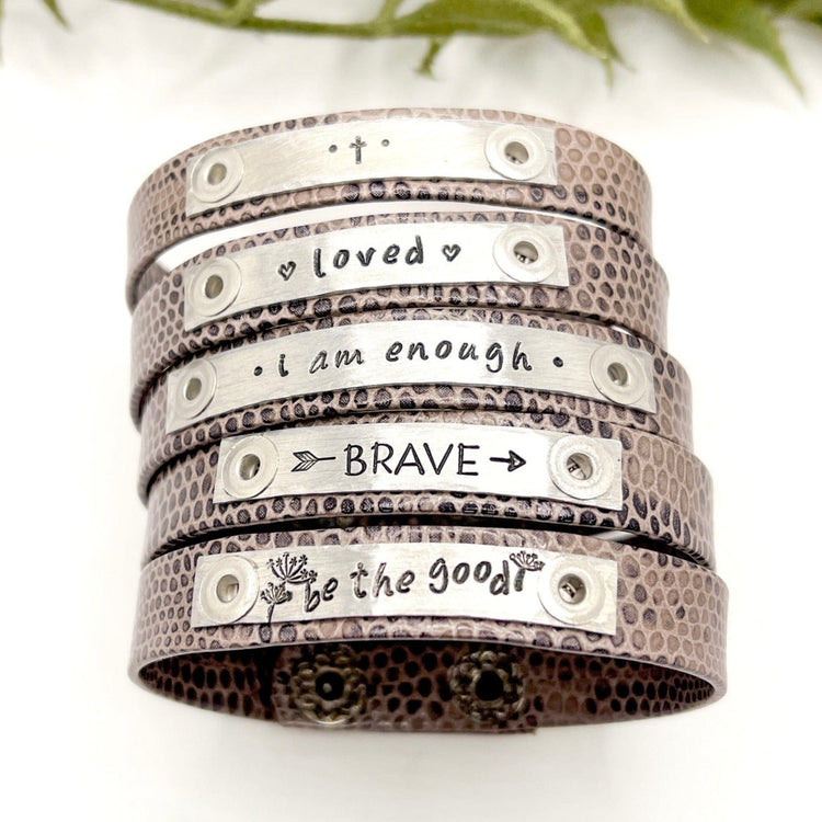 New! Lizard Grey Design Leather | 8 Phrases | Skinny Bracelet | Adjustable Skinny Bracelets Create Hope Cuffs 