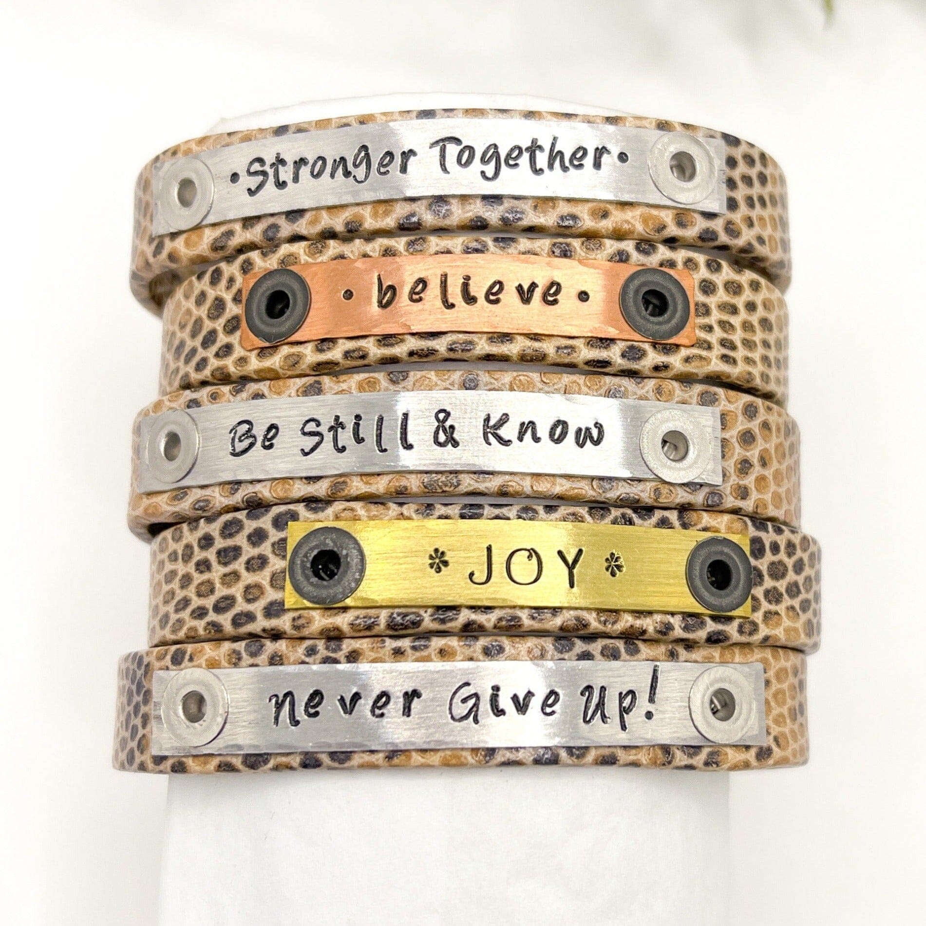 New! Lizard Tan Design Leather | 8 Phrases | Skinny Bracelet | Adjustable Skinny Bracelets Create Hope Cuffs