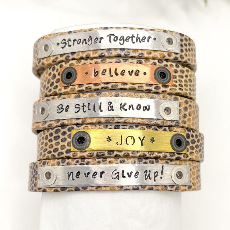 New! Lizard Tan Design Leather | 8 Phrases | Skinny Bracelet | Adjustable Skinny Bracelets Create Hope Cuffs