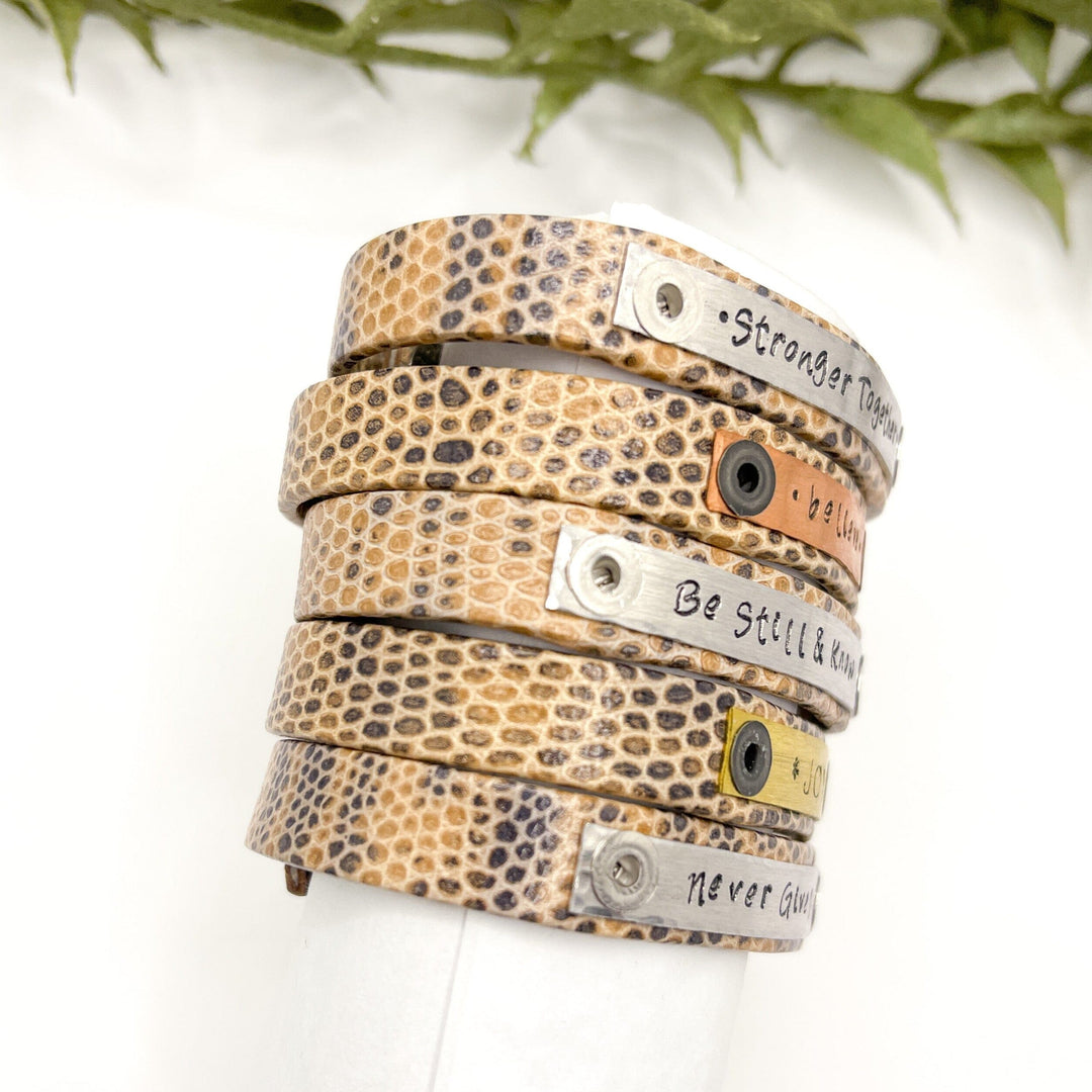 New! Lizard Tan Design Leather | 8 Phrases | Skinny Bracelet | Adjustable Skinny Bracelets Create Hope Cuffs