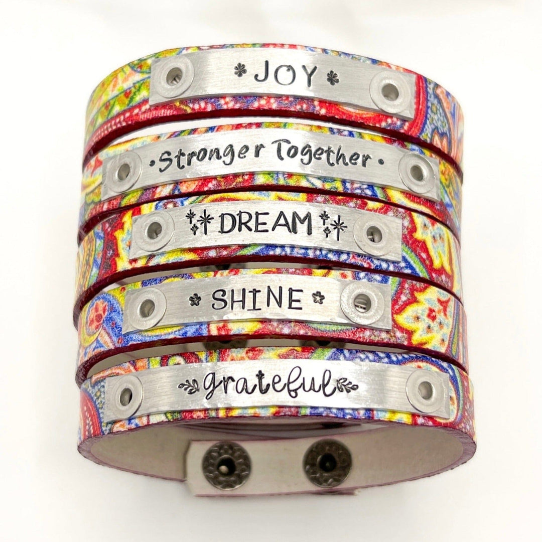 New! Vibrant Paisley Design Leather | 8 Phrases | Skinny Bracelet | Adjustable Skinny Bracelets Create Hope Cuffs