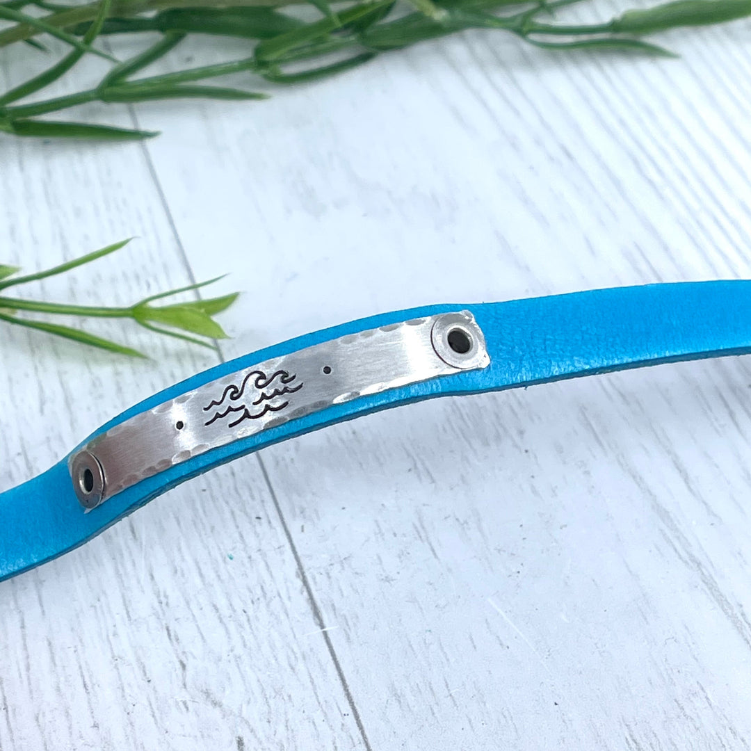 Ocean waves Electric Blue Leather Bracelet, adjustable Skinny Bracelets Create Hope Cuffs