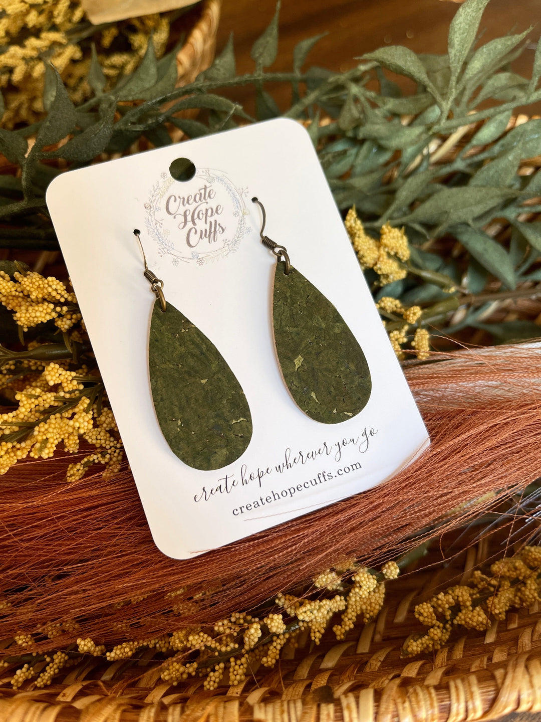 Olive Green | Thin Teardrop Leather Earrings | Hypoallergenic | Women Leather Earrings Create Hope Cuffs