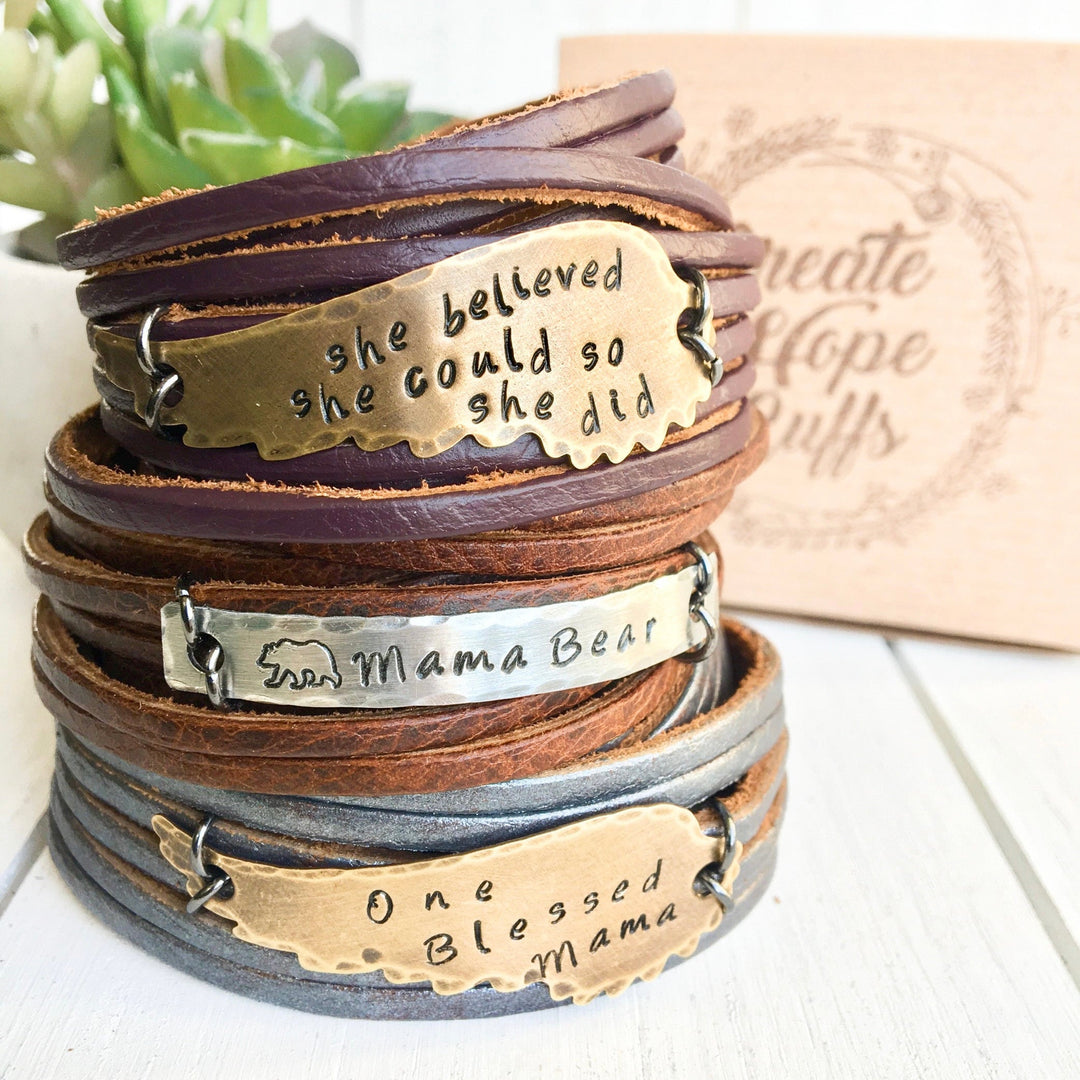 ONE BLESSED MAMA Pewter Leather & Angel Wing Double Wrap Bracelet | Adjustable Leather Wrap Create Hope Cuffs