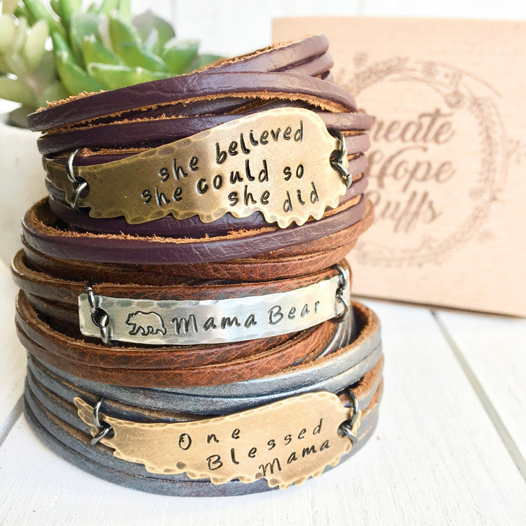 ONE BLESSED MAMA Pewter Leather & Angel Wing Double Wrap Bracelet | Adjustable Leather Wrap Create Hope Cuffs
