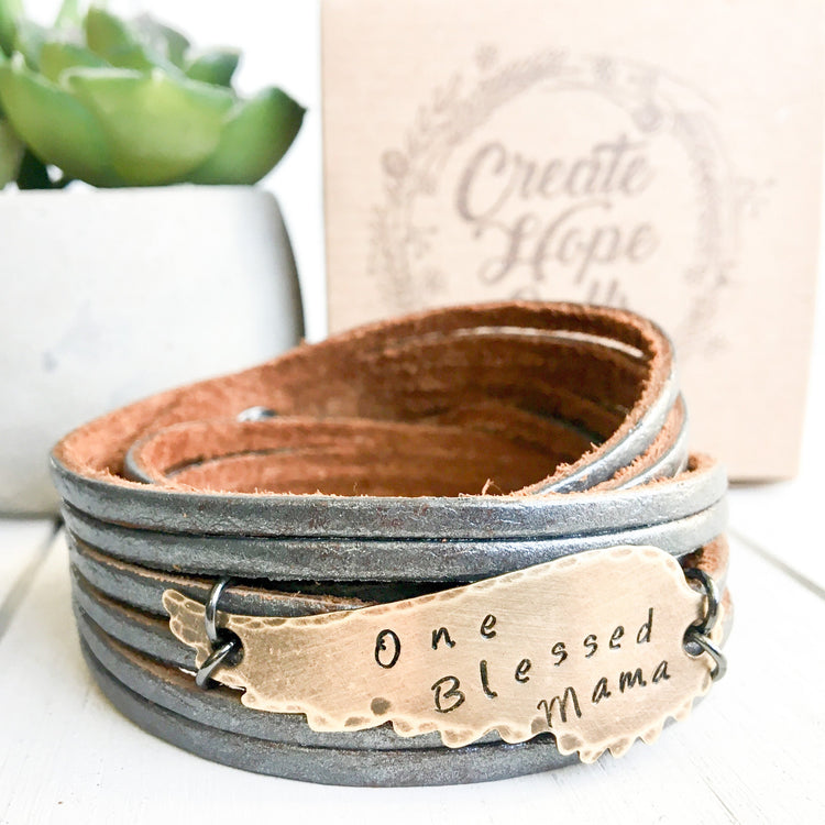 ONE BLESSED MAMA Pewter Leather & Angel Wing Double Wrap Bracelet | Adjustable Leather Wrap Create Hope Cuffs