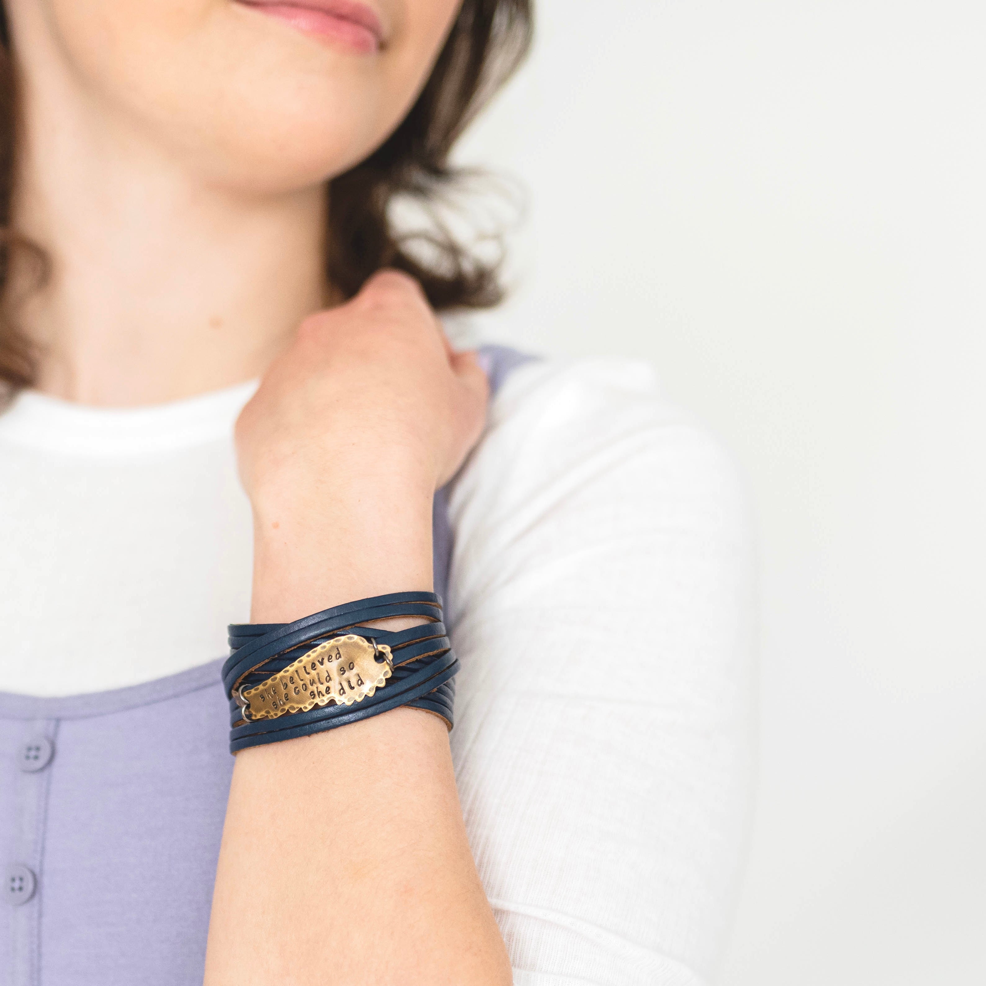 OVERCOMER Leather Double Wrap | Silver Bar Bracelet | Adjustable Leather Wrap Create Hope Cuffs