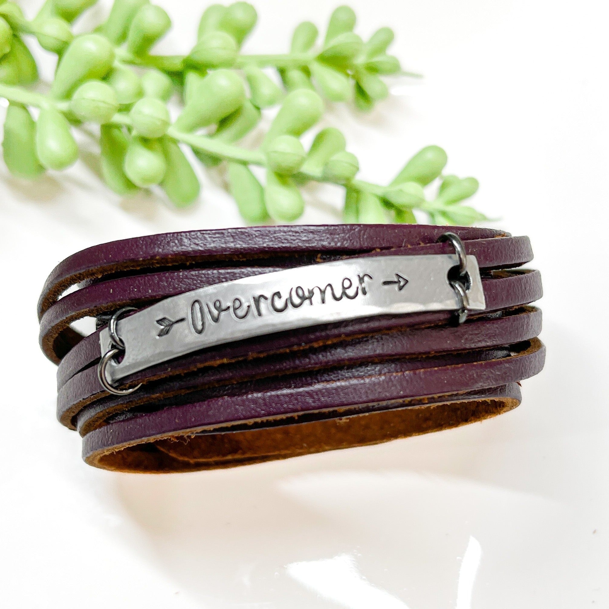 OVERCOMER Leather Double Wrap | Silver Bar Bracelet | Adjustable Leather Wrap Create Hope Cuffs