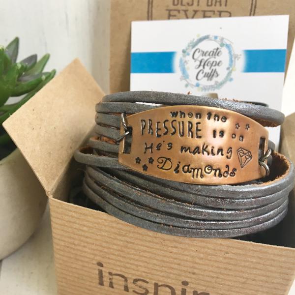 Pewter Leather 'Diamonds' Wrap & Bronze Shield Bracelet, adjustable Leather Wrap Create Hope Cuffs