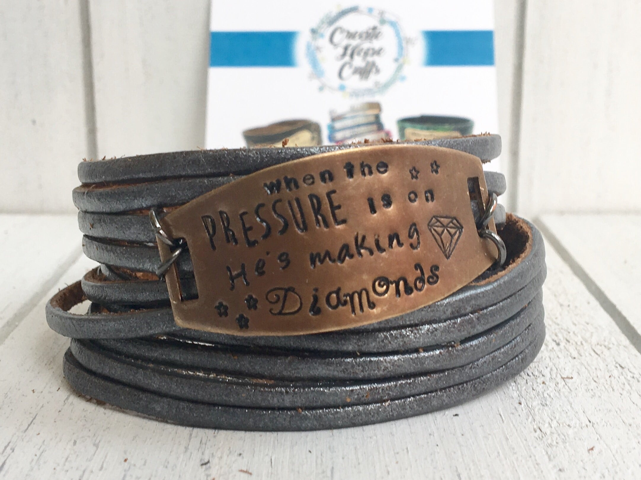 Pewter Leather 'Diamonds' Wrap & Bronze Shield Bracelet, adjustable Leather Wrap Create Hope Cuffs