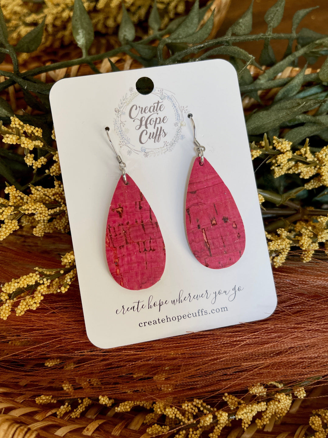 Pink | Thin Teardrop Leather Earrings | Hypoallergenic | Women Leather Earrings Create Hope Cuffs