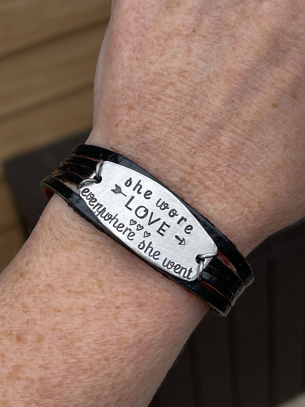 SHE WORE LOVE Mini Wrap | Black Leather SHIELD Bracelet | Women | Adjustable Leather Wrap Create Hope Cuffs