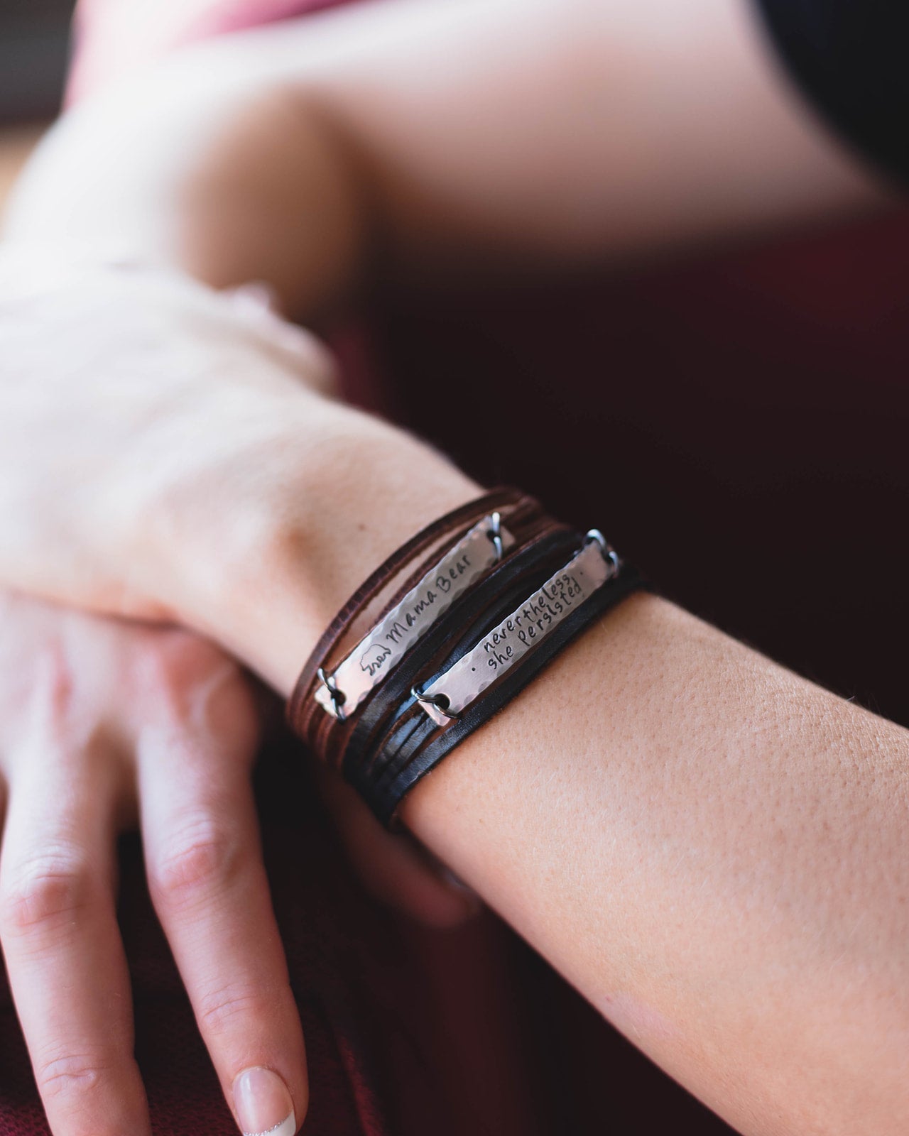 SHE WORE LOVE Mini Wrap | Black Leather SHIELD Bracelet | Women | Adjustable Leather Wrap Create Hope Cuffs 