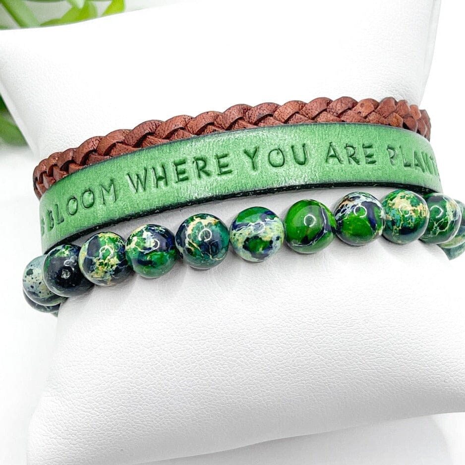 Solid Green 'BLOOM' Imprinted Set | Skinny Set | Leather Bracelets | Womens Skinny Bracelets Create Hope Cuffs