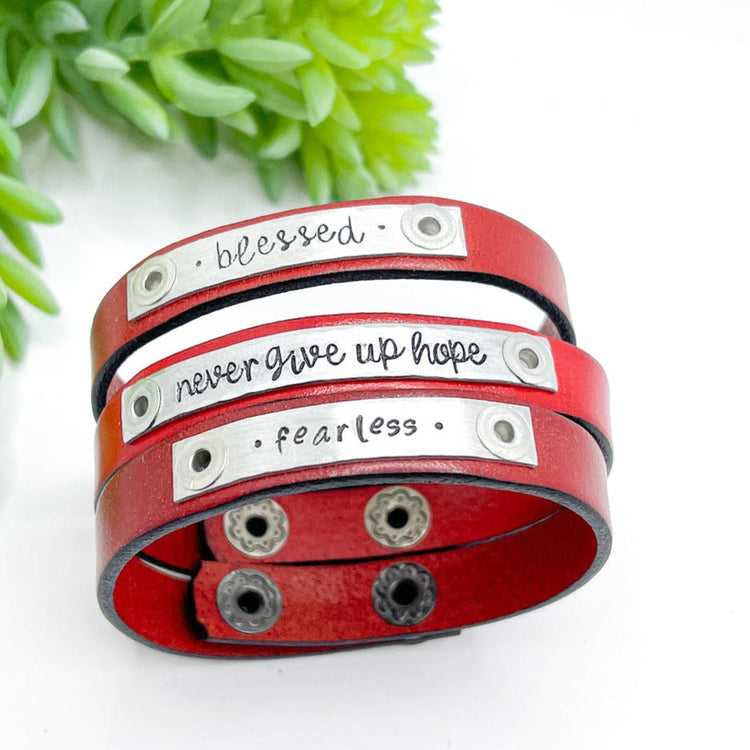 Solid True Red | 7 Phrases | Leather Skinny Bracelet | Adjustable Skinny Bracelets Create Hope Cuffs