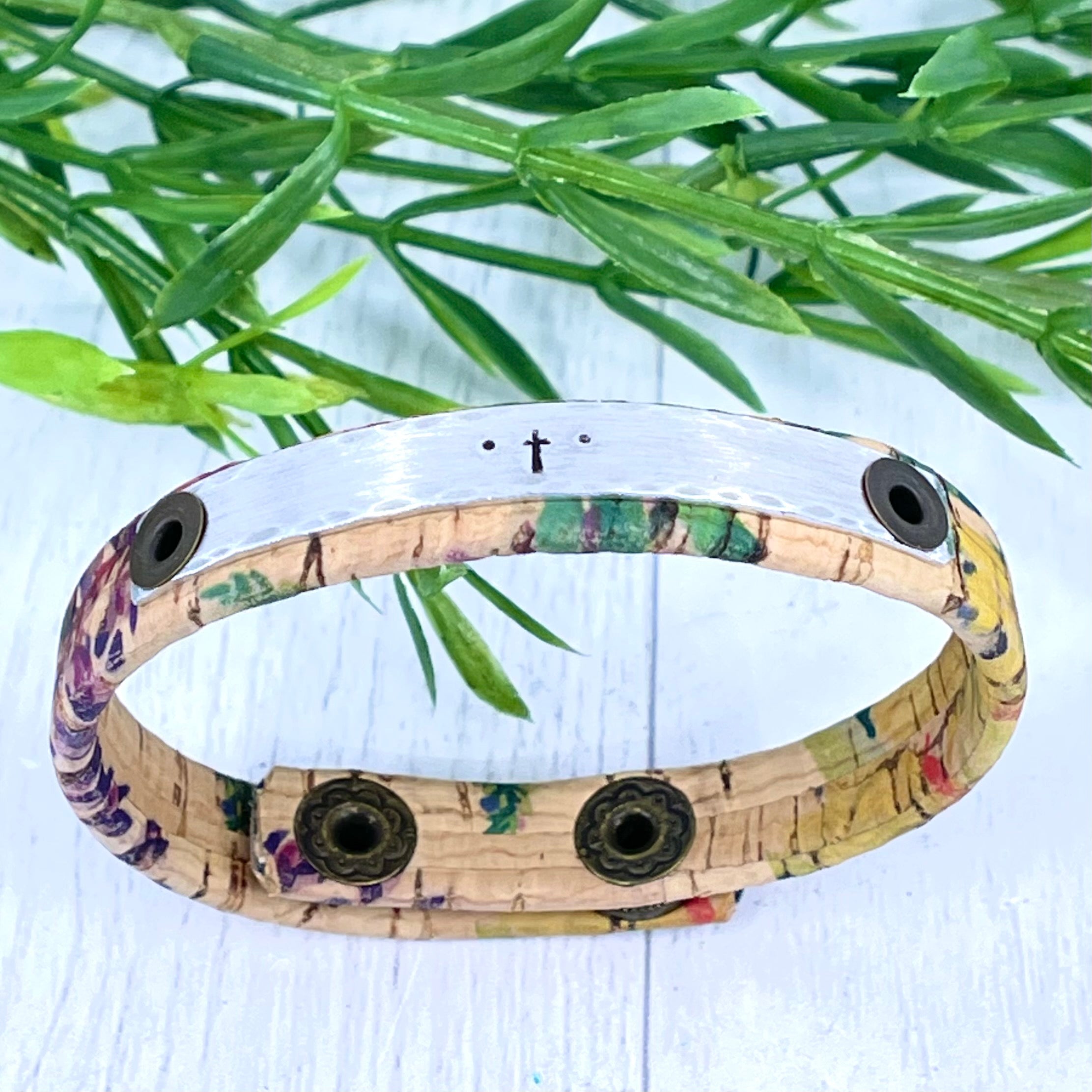 Spring Fresh Cork Skinny Bracelets | 3 options Skinny Bracelets Create Hope Cuffs Natural Floral image of cross on brass metal bar 