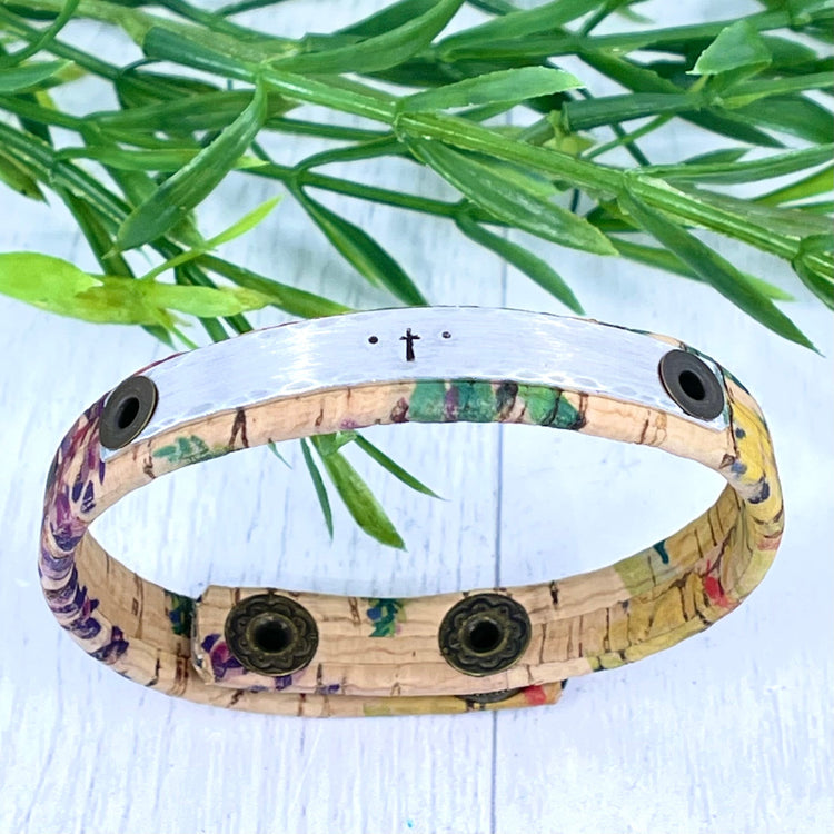 Spring Fresh Cork Skinny Bracelets | 3 options Skinny Bracelets Create Hope Cuffs Natural Floral image of cross on brass metal bar