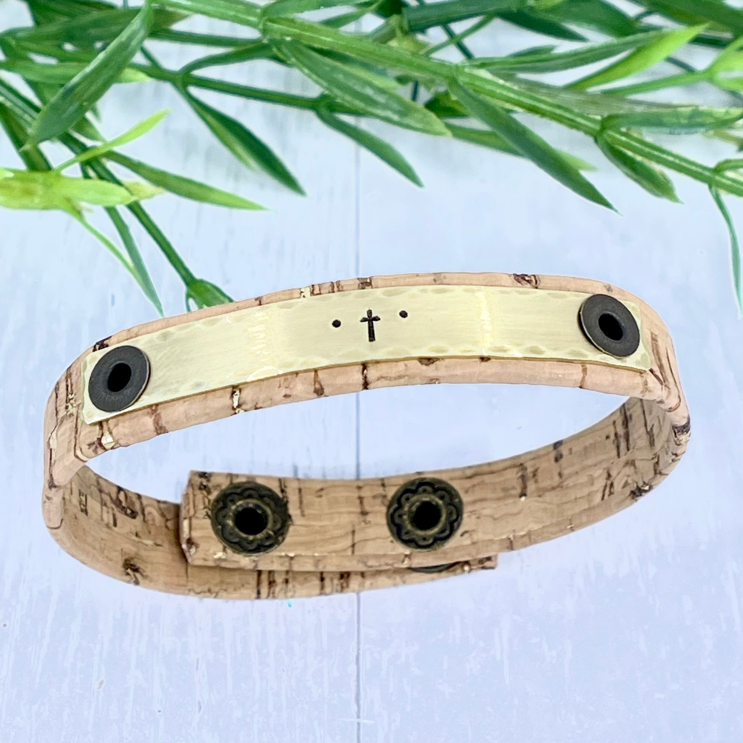 Spring Fresh Cork Skinny Bracelets | 3 options Skinny Bracelets Create Hope Cuffs Natural Gold Fleck image of cross on brass metal bar