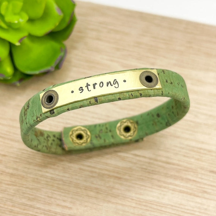 STRONG | Avocado Cork | Brass Bar | Skinny Bracelet | Adjustable Skinny Bracelets Create Hope Cuffs
