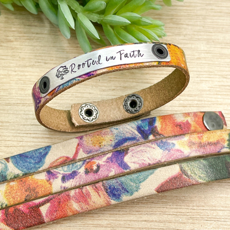 Tan Watercolor | ROOTED IN FAITH | Leather Skinny Bracelet | Adjustable Skinny Bracelets Create Hope Cuffs