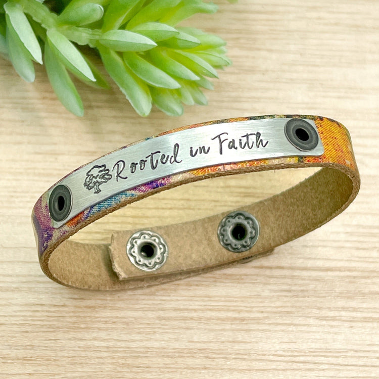 Tan Watercolor | ROOTED IN FAITH | Leather Skinny Bracelet | Adjustable Skinny Bracelets Create Hope Cuffs