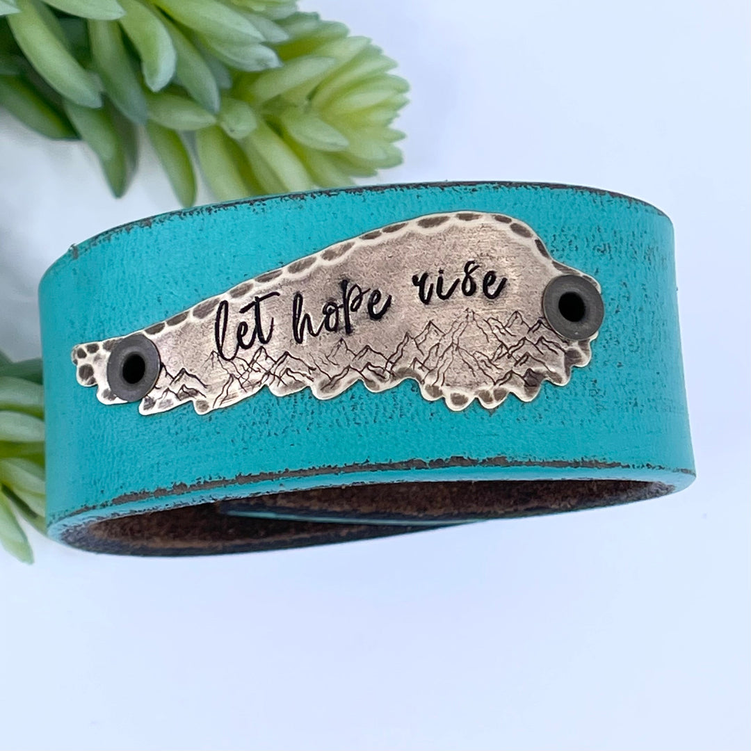 Teal 'LET HOPE RISE' Leather OOAK One of A Kind Upcycled Cuff Leather Cuff Create Hope Cuffs