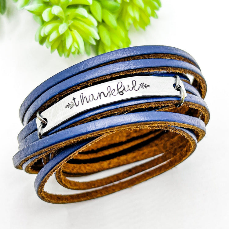 THANKFUL Leather Double Wrap | Silver Bar Bracelet | Adjustable Leather Wrap Create Hope Cuffs