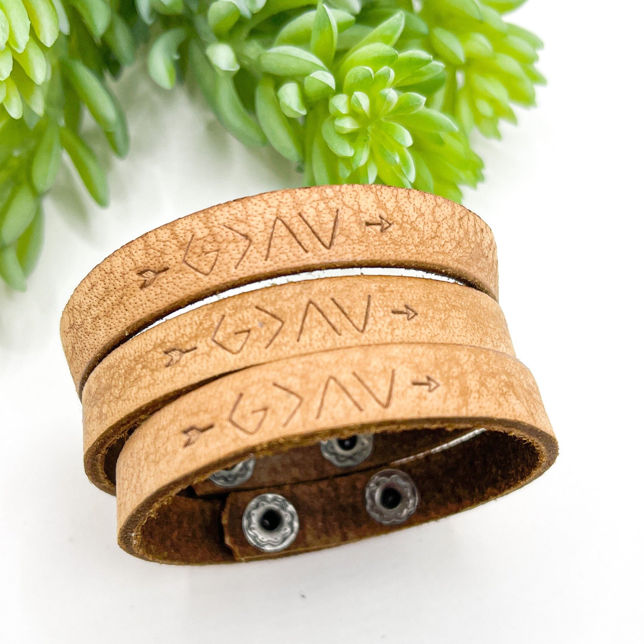 Vintage Tan 'GOD IS GREATER' Imprint Leather Skinny Bracelet | Adjustable | UNISEX Skinny Bracelets Create Hope Cuffs