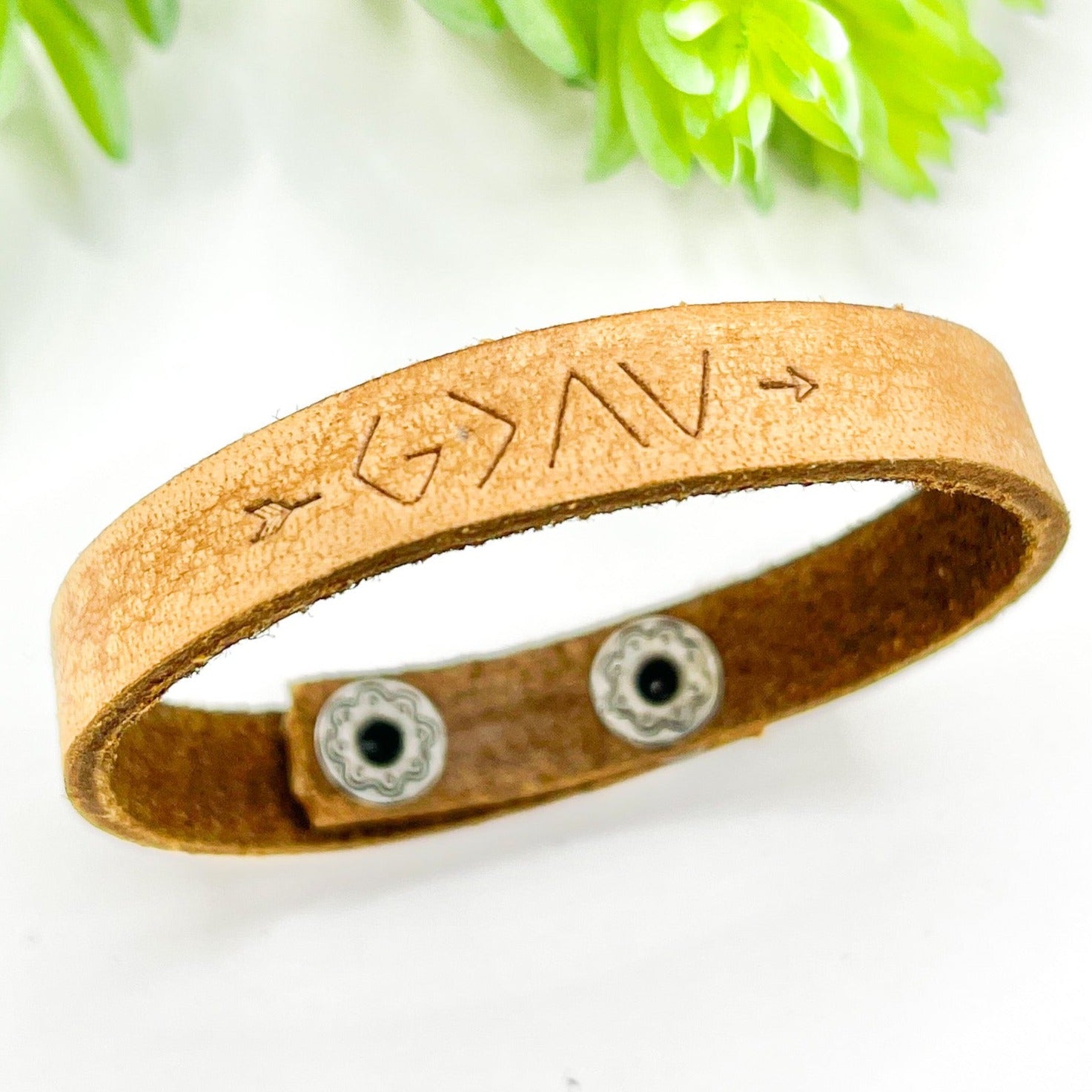 Vintage Tan 'GOD IS GREATER' Imprint Leather Skinny Bracelet | Adjustable | UNISEX Skinny Bracelets Create Hope Cuffs