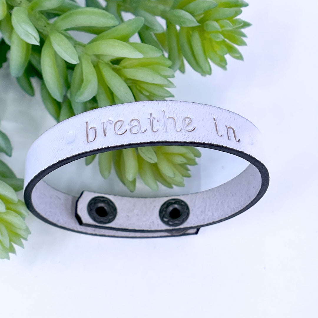 White 'BREATHE IN' Leather Skinny Bracelet, adjustable Skinny Bracelets Create Hope Cuffs