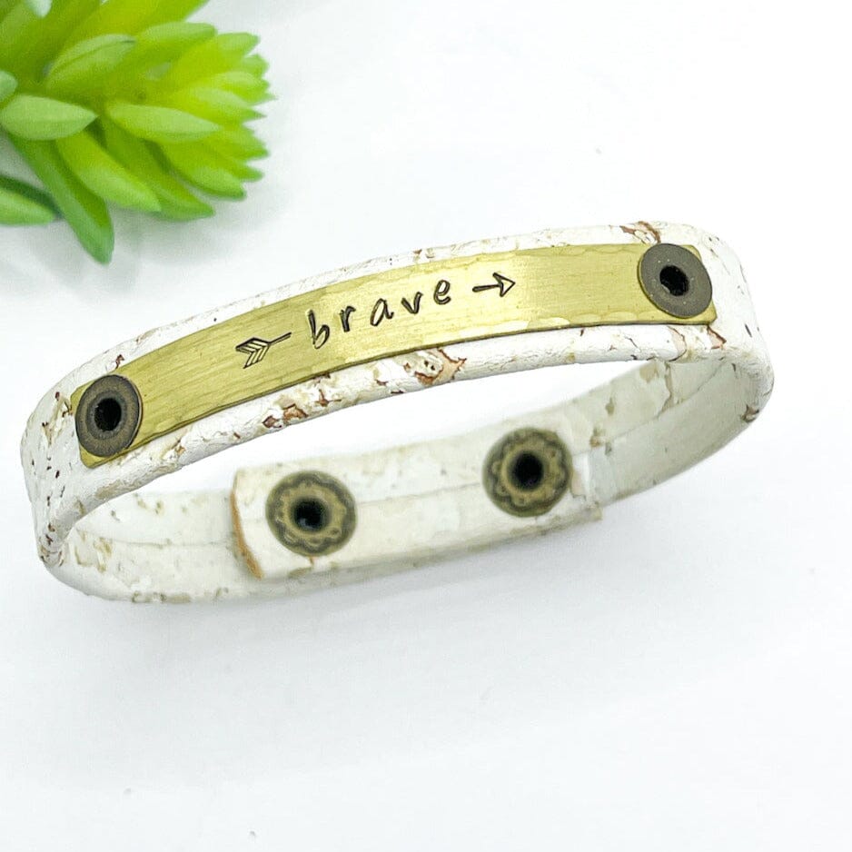 White Sand Cork | BRAVE | Brass Bar | Skinny Bracelet | Adjustable Skinny Bracelets Create Hope Cuffs