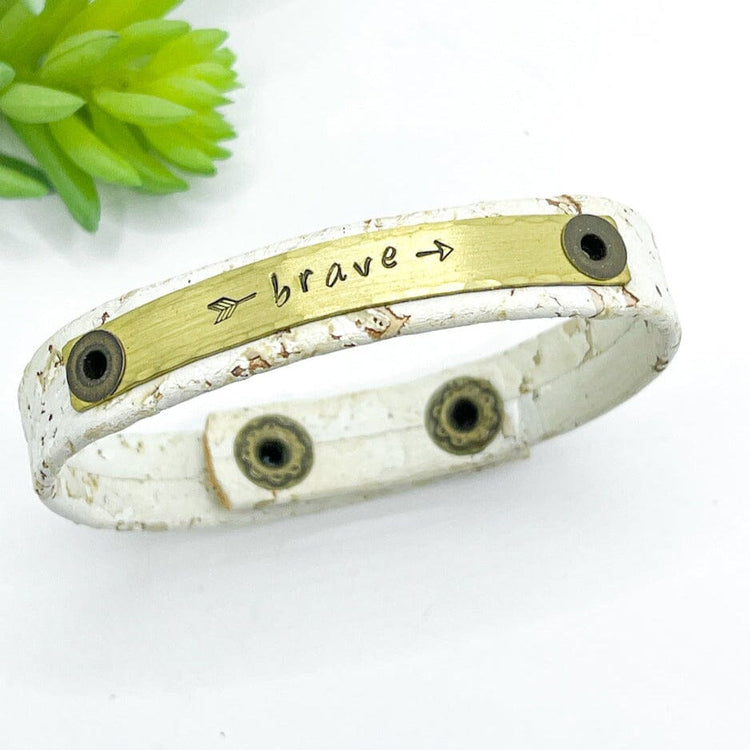 White Sand Cork | BRAVE | Brass Bar | Skinny Bracelet | Adjustable Skinny Bracelets Create Hope Cuffs
