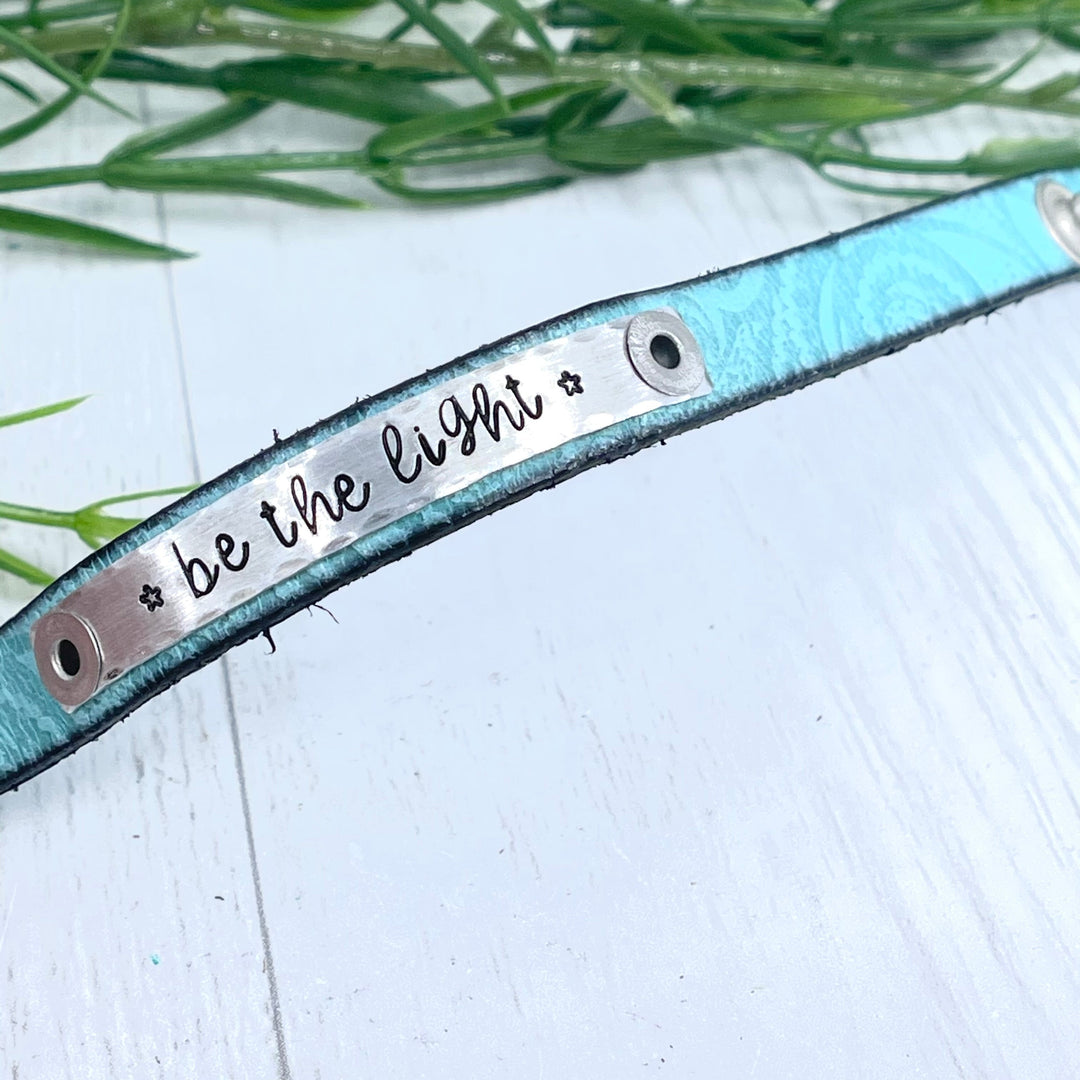 (Wholesale) Be the Light Embossed Turquoise Leather Skinny Bracelet | Adjustable Skinny Bracelets Create Hope Cuffs