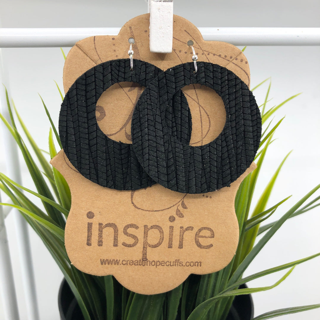 (Wholesale) Black Palm Leaf Leather Earrings | 2" Open Hoops | Oil Diffusers Leather Earrings Create Hope Cuffs
