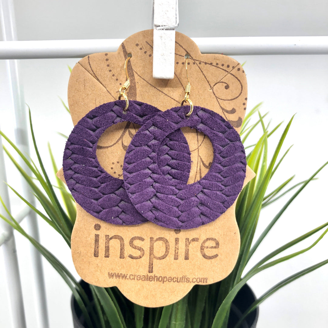 (Wholesale) Rich Purple Palm Leaf Leather 2" Open Hoop Earrings, Essential Oil Diffusers Leather Earrings Create Hope Cuffs