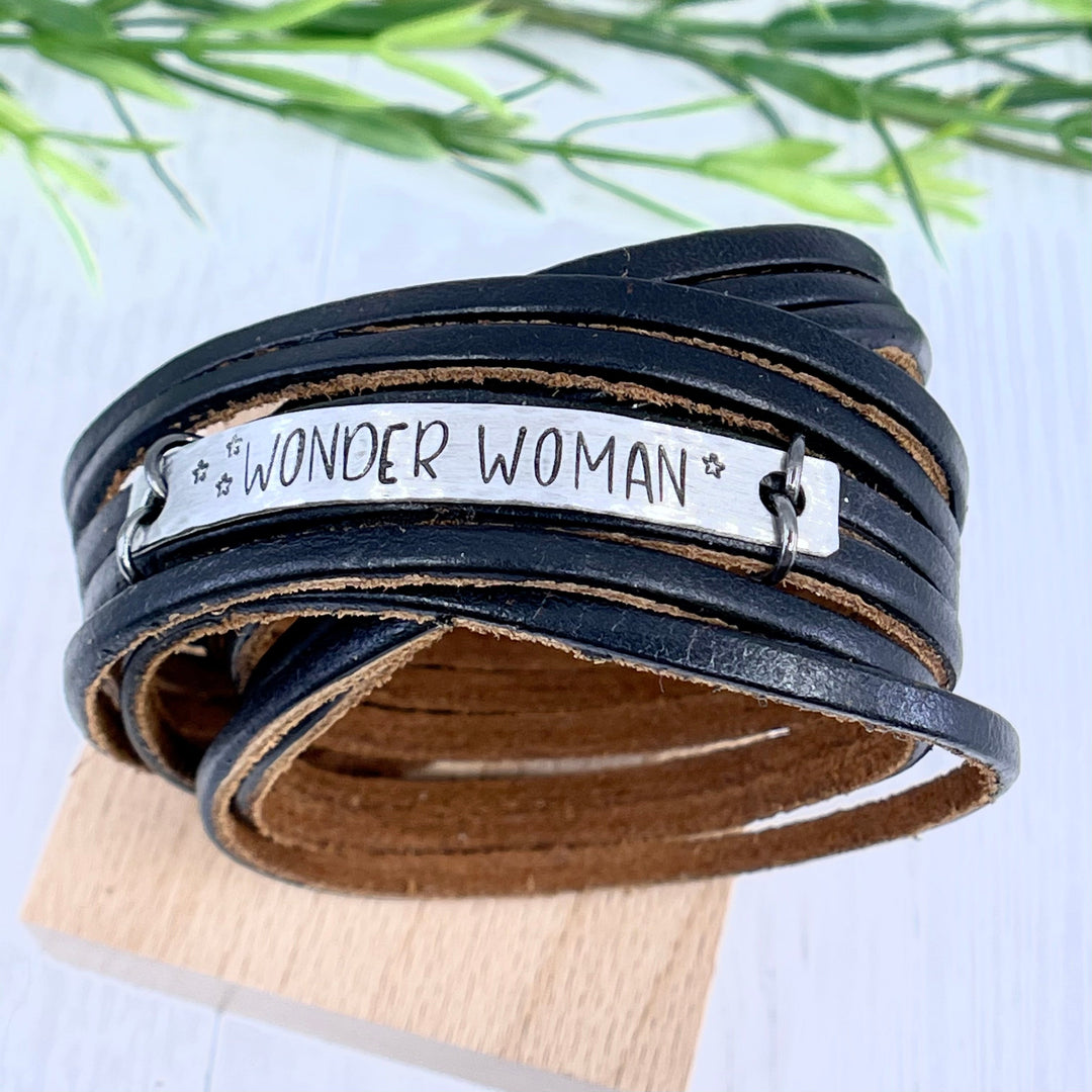WONDER WOMAN Black Leather Wrap & Silver Bar Bracelet, adjustable Leather Wrap Create Hope Cuffs